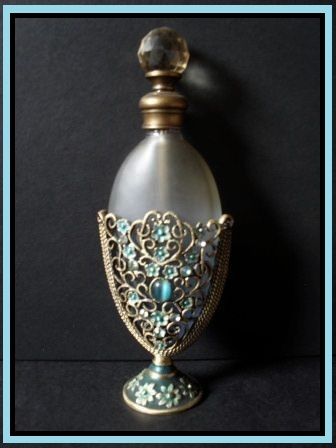 Vintage Perfume Bottle with Jewelled & Filigree Metal & Enamel Mount Vintage Perfume Bottle with Jewelled & Filigree Metal & Enamel Mount