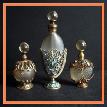 Vintage Perfume Bottle with Jewels & Metal Filigree Mount Vintage Perfume Bottle with Jewels & Metal Filigree Mount