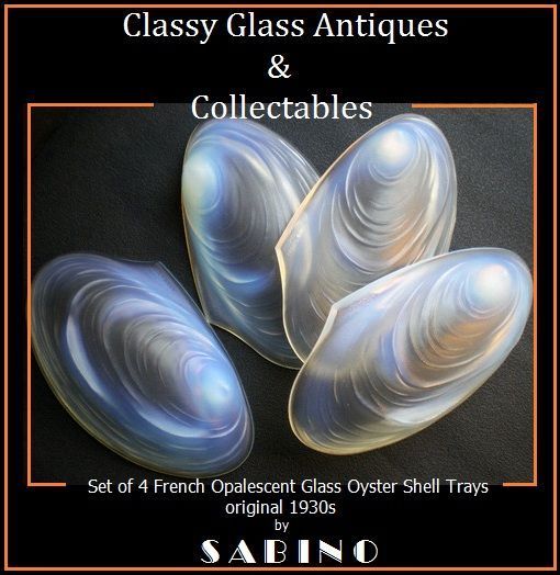 Set of 4 Original 1930s French Art Deco Opalescent Glass LARGE 7" Oyster Shell Trays by Sabino Set of 4 Original 1930s French Art Deco Opalescent Glass LARGE 7" Oyster Shell Trays by Sabino