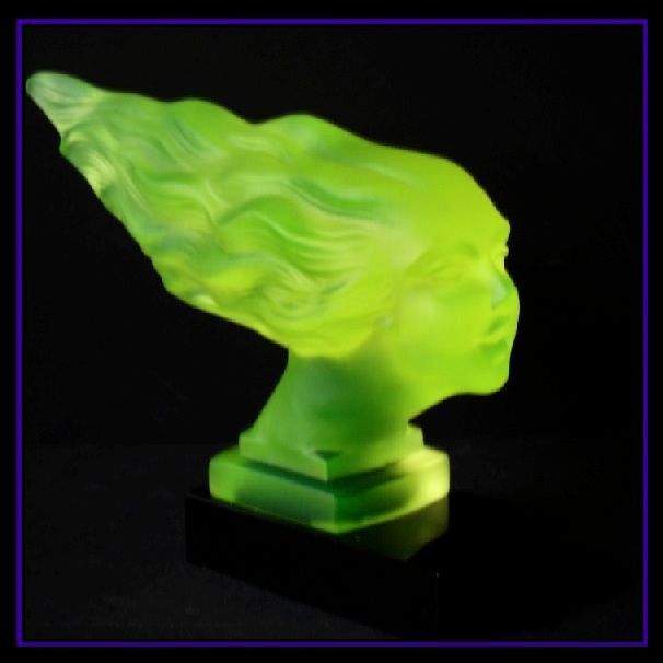 Remarkable Red-Ashay / Hoffman Designed Uranium Green Glass Car Hood Mascot 'Speed Girl' pattern by Desna Remarkable Red-Ashay / Hoffman Designed Uranium Green Glass Car Hood Mascot 'Speed Girl' pattern by Desna