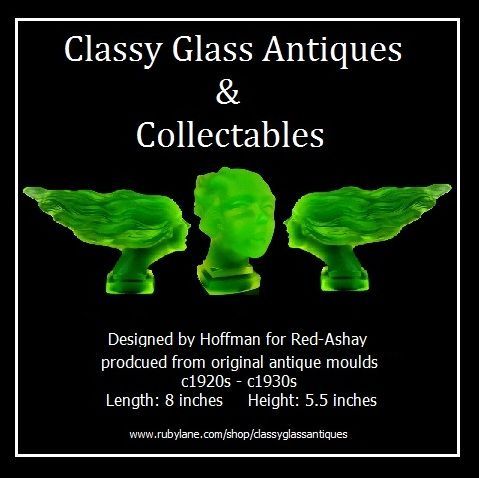 Remarkable Red-Ashay / Hoffman Designed Uranium Green Glass Car Hood Mascot 'Speed Girl' pattern by Desna Remarkable Red-Ashay / Hoffman Designed Uranium Green Glass Car Hood Mascot 'Speed Girl' pattern by Desna