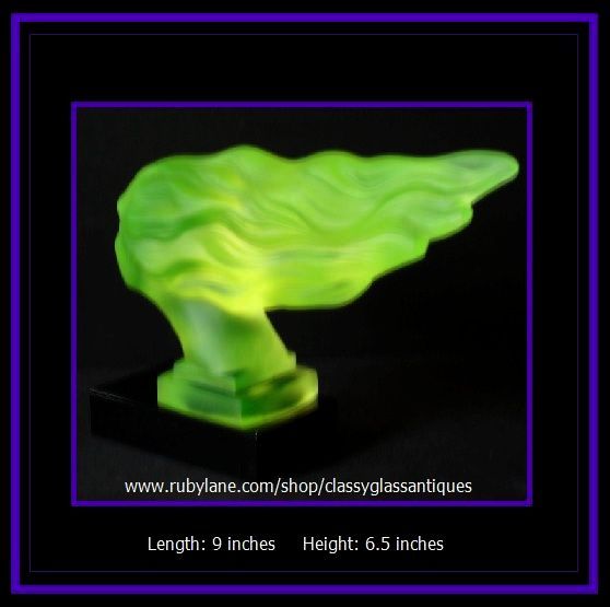 Remarkable Red-Ashay / Hoffman Designed Uranium Green Glass Car Hood Mascot 'Speed Girl' pattern by Desna Remarkable Red-Ashay / Hoffman Designed Uranium Green Glass Car Hood Mascot 'Speed Girl' pattern by Desna