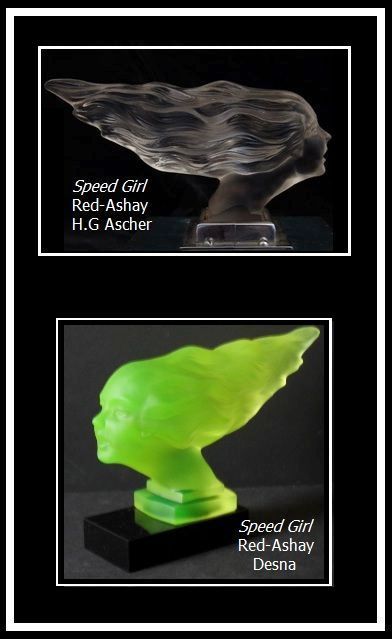 Remarkable Red-Ashay / Hoffman Designed Uranium Green Glass Car Hood Mascot 'Speed Girl' pattern by Desna Remarkable Red-Ashay / Hoffman Designed Uranium Green Glass Car Hood Mascot 'Speed Girl' pattern by Desna