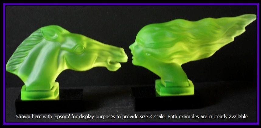 Remarkable Red-Ashay / Hoffman Designed Uranium Green Glass Car Hood Mascot 'Speed Girl' pattern by Desna Remarkable Red-Ashay / Hoffman Designed Uranium Green Glass Car Hood Mascot 'Speed Girl' pattern by Desna