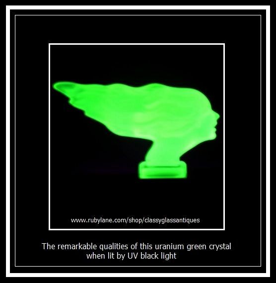 Remarkable Red-Ashay / Hoffman Designed Uranium Green Glass Car Hood Mascot 'Speed Girl' pattern by Desna Remarkable Red-Ashay / Hoffman Designed Uranium Green Glass Car Hood Mascot 'Speed Girl' pattern by Desna