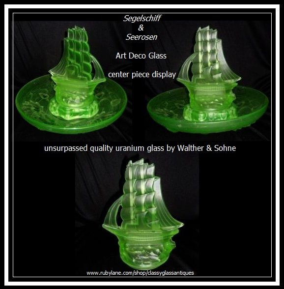 Incredible German 1930s Art Deco Press Moulded Uranium Glass Flower Set Sailing Ship Display by Walther & Sohne Incredible German 1930s Art Deco Press Moulded Uranium Glass Flower Set Sailing Ship Display by Walther & Sohne