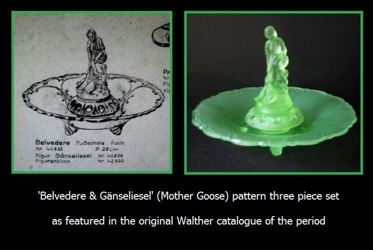 German Art Deco Press Moulded Uranium Glass 3 Part Center Piece Display Set by Walther & Sohne. Gänseliesel & Belvedere Pattern. German Art Deco Press Moulded Uranium Glass 3 Part Center Piece Display Set by Walther & Sohne. Gänseliesel & Belvedere Pattern.