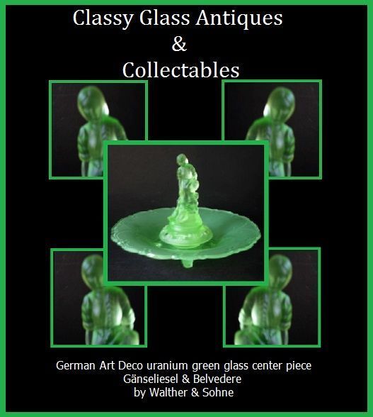 German Art Deco Press Moulded Uranium Glass 3 Part Center Piece Display Set by Walther & Sohne. Gänseliesel & Belvedere Pattern. German Art Deco Press Moulded Uranium Glass 3 Part Center Piece Display Set by Walther & Sohne. Gänseliesel & Belvedere Pattern.