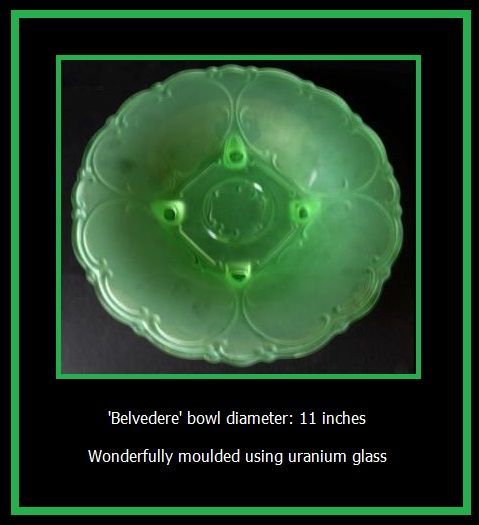 German Art Deco Press Moulded Uranium Glass 3 Part Center Piece Display Set by Walther & Sohne. Gänseliesel & Belvedere Pattern. German Art Deco Press Moulded Uranium Glass 3 Part Center Piece Display Set by Walther & Sohne. Gänseliesel & Belvedere Pattern.