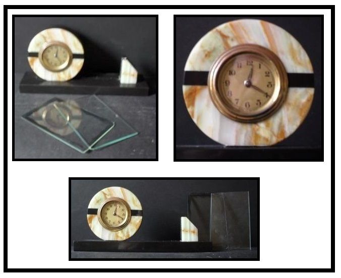 German Art Deco Belgian Marble & Black Onyx Clock with Picture Photo Frame Mount. Fully working with key German Art Deco Belgian Marble & Black Onyx Clock with Picture Photo Frame Mount. Fully working with key