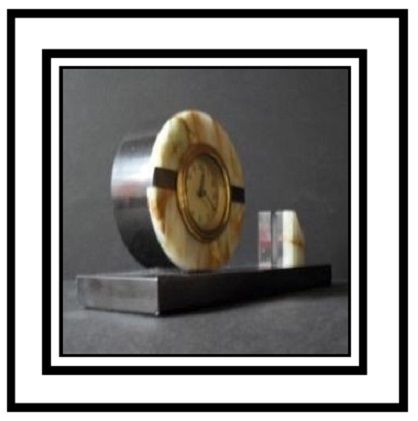 German Art Deco Belgian Marble & Black Onyx Clock with Picture Photo Frame Mount. Fully working with key German Art Deco Belgian Marble & Black Onyx Clock with Picture Photo Frame Mount. Fully working with key