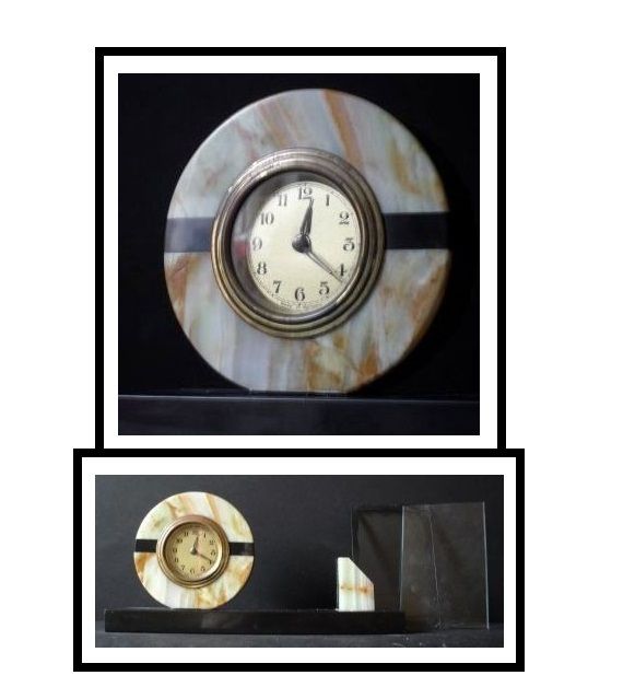German Art Deco Belgian Marble & Black Onyx Clock with Picture Photo Frame Mount. Fully working with key German Art Deco Belgian Marble & Black Onyx Clock with Picture Photo Frame Mount. Fully working with key