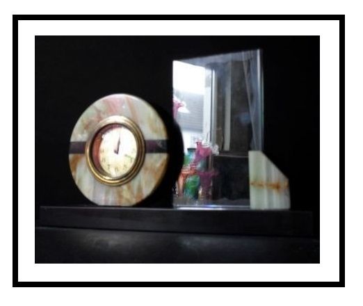 German Art Deco Belgian Marble & Black Onyx Clock with Picture Photo Frame Mount. Fully working with key German Art Deco Belgian Marble & Black Onyx Clock with Picture Photo Frame Mount. Fully working with key