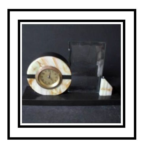 German Art Deco Belgian Marble & Black Onyx Clock with Picture Photo Frame Mount. Fully working with key German Art Deco Belgian Marble & Black Onyx Clock with Picture Photo Frame Mount. Fully working with key