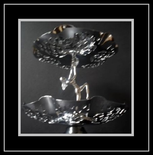 1930s English Art Deco 2 tier chrome metal dancing lady center piece comport – cake stand 1930s English Art Deco 2 tier chrome metal dancing lady center piece comport – cake stand