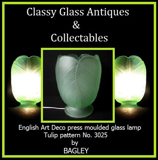 Mint Condition – 1930s English Art Deco press moulded glass lamp by Bagley – Tulip pattern No.3025 Mint Condition – 1930s English Art Deco press moulded glass lamp by Bagley – Tulip pattern No.3025