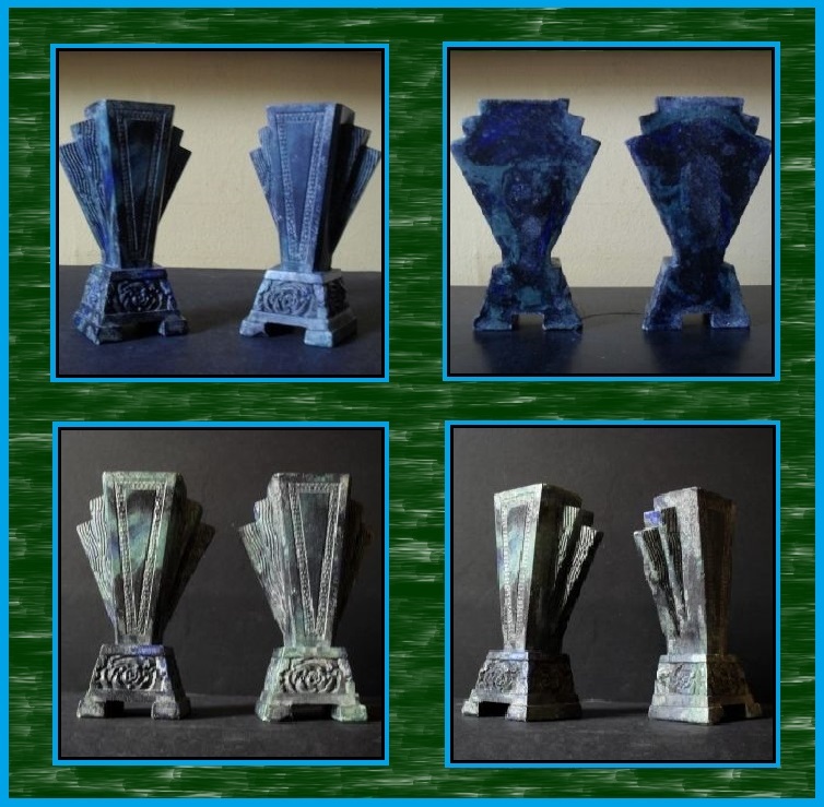 Pair of 1930's French Art Deco Marbrolithe Mantle Vases / Bookends. Maker Marked Originals Pair of 1930's French Art Deco Marbrolithe Mantle Vases / Bookends. Maker Marked Originals