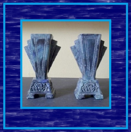 Pair of 1930's French Art Deco Marbrolithe Mantle Vases / Bookends. Maker Marked Originals Pair of 1930's French Art Deco Marbrolithe Mantle Vases / Bookends. Maker Marked Originals