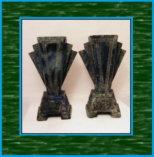 Pair of 1930's French Art Deco Marbrolithe Mantle Vases / Bookends. Maker Marked Originals Pair of 1930's French Art Deco Marbrolithe Mantle Vases / Bookends. Maker Marked Originals
