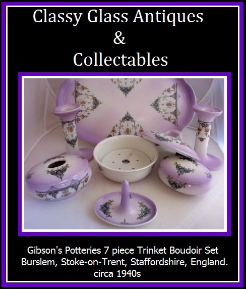 *SALE PRICE* Gibson Pottery 7 Piece Trinket Vanity Boudoir Set Burslem Staffordshire England 1940s *SALE PRICE* Gibson Pottery 7 Piece Trinket Vanity Boudoir Set Burslem Staffordshire England 1940s