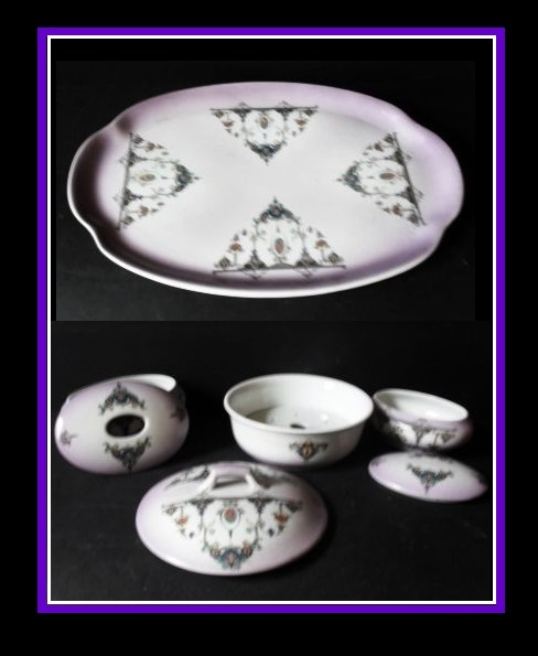 *SALE PRICE* Gibson Pottery 7 Piece Trinket Vanity Boudoir Set Burslem Staffordshire England 1940s *SALE PRICE* Gibson Pottery 7 Piece Trinket Vanity Boudoir Set Burslem Staffordshire England 1940s