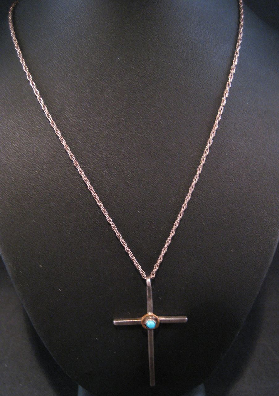 Southwest Vintage Sterling Silver and Turquoise Choker Cross and Chain. Southwest Vintage Sterling Silver and Turquoise Choker Cross and Chain.