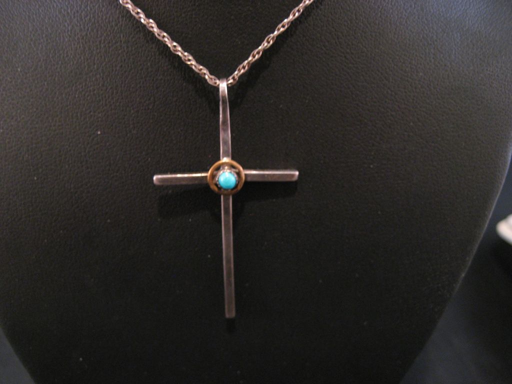 Southwest Vintage Sterling Silver and Turquoise Choker Cross and Chain. Southwest Vintage Sterling Silver and Turquoise Choker Cross and Chain.