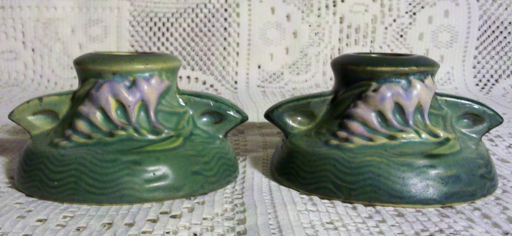 Roseville Freesia Green 1160-2" Candle Holders circa 1945 Roseville Freesia Green 1160-2" Candle Holders circa 1945