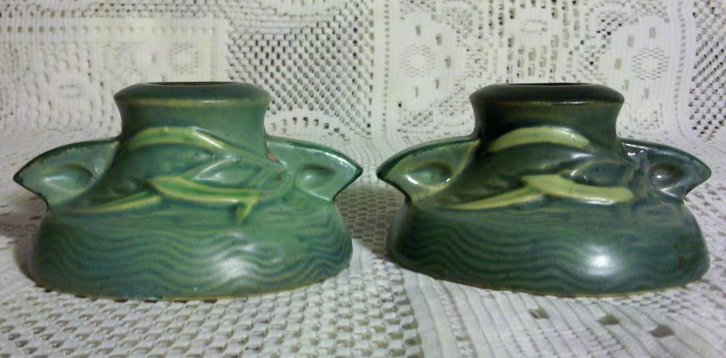 Roseville Freesia Green 1160-2" Candle Holders circa 1945 Roseville Freesia Green 1160-2" Candle Holders circa 1945