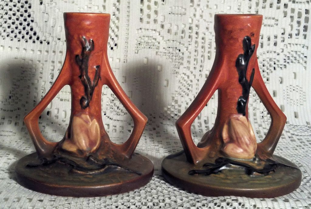 Roseville Magnolia Terra Cotta 4 1/2" Candlesticks Roseville Magnolia Terra Cotta 4 1/2" Candlesticks
