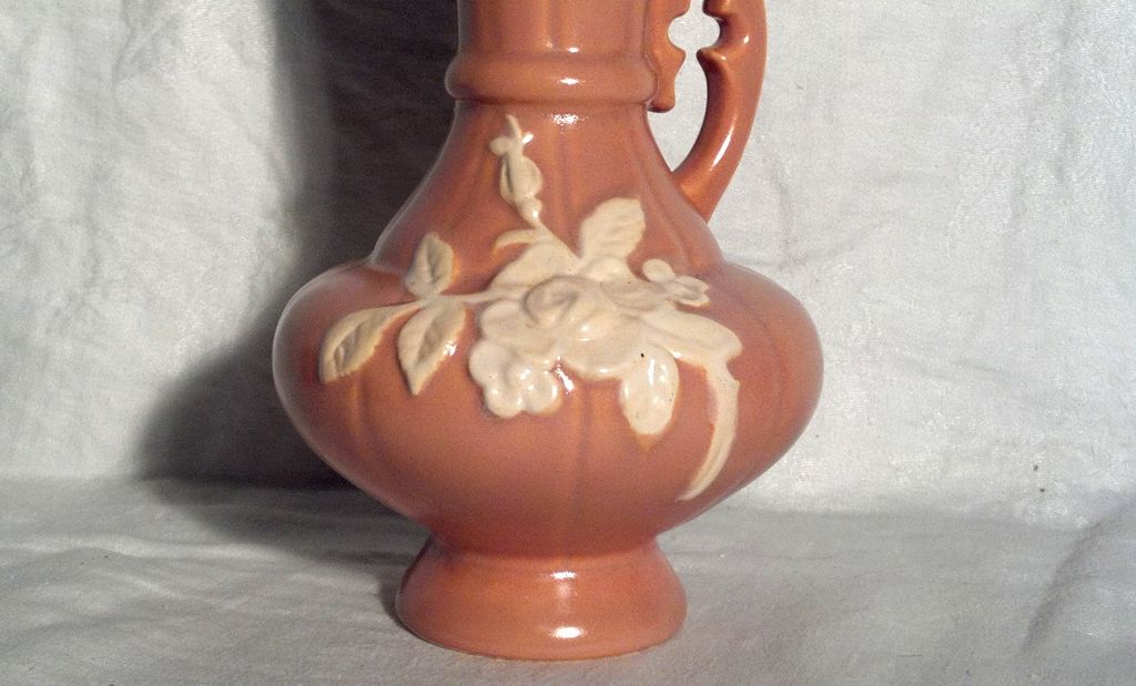 Weller Pottery Cameo Ewer/Vase White Floral on Brown Weller Pottery Cameo Ewer/Vase White Floral on Brown
