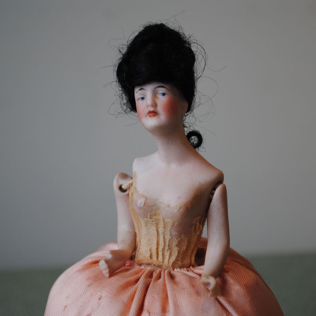 Wigged German Bisque Half Doll With Strung Arms...All Original Wigged German Bisque Half Doll With Strung Arms...All Original