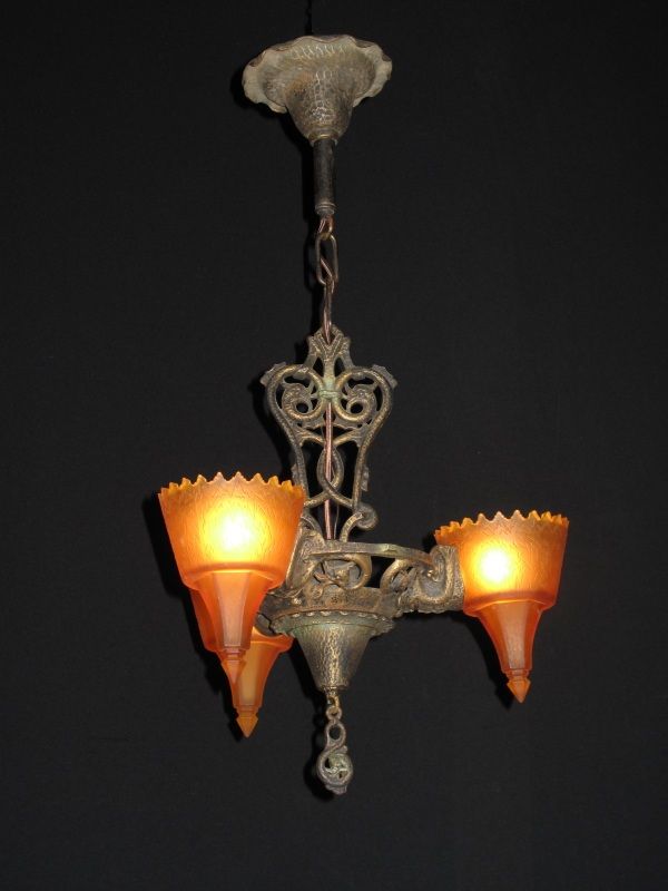 Vintage Slip Shade Fixture with Serpents and Original Finish Vintage Slip Shade Fixture with Serpents and Original Finish