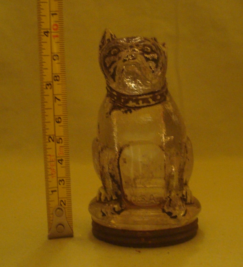 Vintage Glass Bulldog Candy Container with Original Tin Lid Vintage Glass Bulldog Candy Container with Original Tin Lid