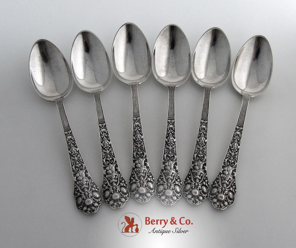 Old Medici Sterling Silver 6 Dessert Spoons Gorham 1880 Old Medici Sterling Silver 6 Dessert Spoons Gorham 1880