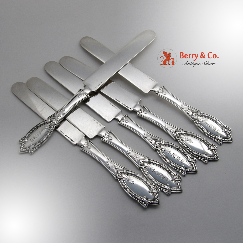 Diamond Set of 6 Flat Handle Knives Sterling Polhemus Tiffany 1867 Diamond Set of 6 Flat Handle Knives Sterling Polhemus Tiffany 1867