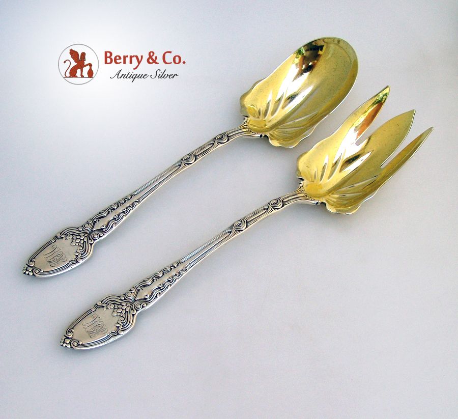 Broom Corn Tiffany Salad Serving Set Sterling Silver 1890 Monogram HJM Broom Corn Tiffany Salad Serving Set Sterling Silver 1890 Monogram HJM