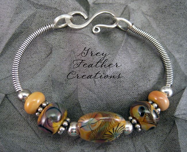 Sterling Silver Artisan Lampwork Bangle Bracelet Natural Colors Sterling Silver Artisan Lampwork Bangle Bracelet Natural Colors