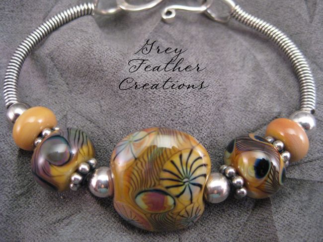 Sterling Silver Artisan Lampwork Bangle Bracelet Natural Colors Sterling Silver Artisan Lampwork Bangle Bracelet Natural Colors