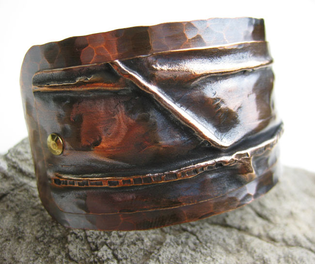 Solid Copper Cuff with Fold Formed Riveted Strip Solid Copper Cuff with Fold Formed Riveted Strip