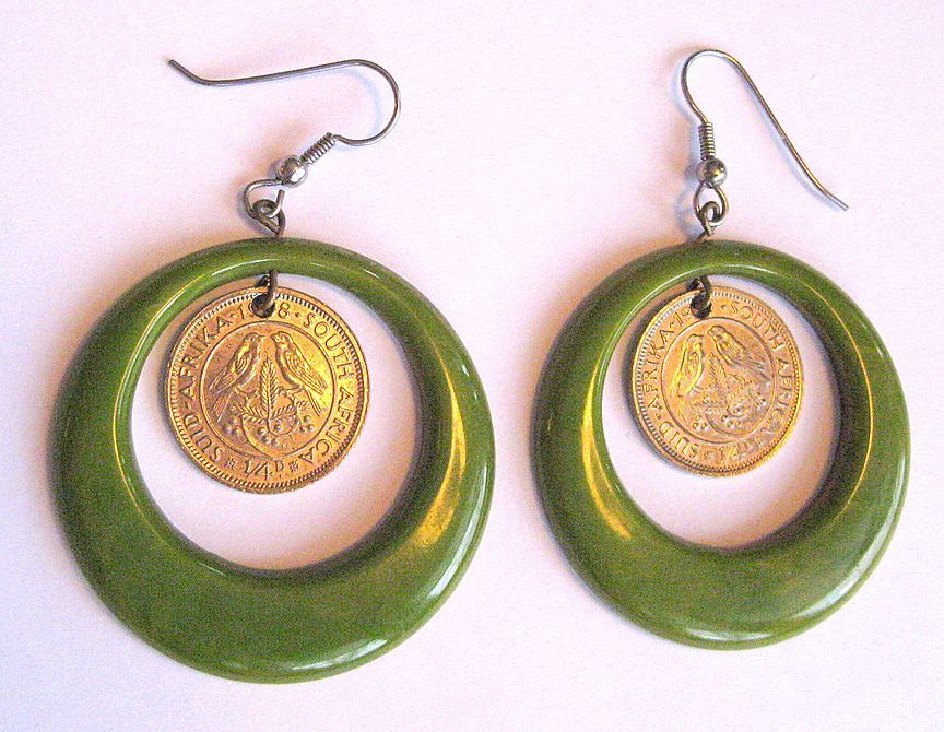 Bakelite Hoop Earrings, Marbled Green & Big! Vintage Deco Bakelite Hoop Earrings, Marbled Green & Big! Vintage Deco