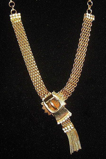 Victorian Revival Buckle Necklace, Rhinestones & Mesh, 40's Victorian Revival Buckle Necklace, Rhinestones & Mesh, 40's