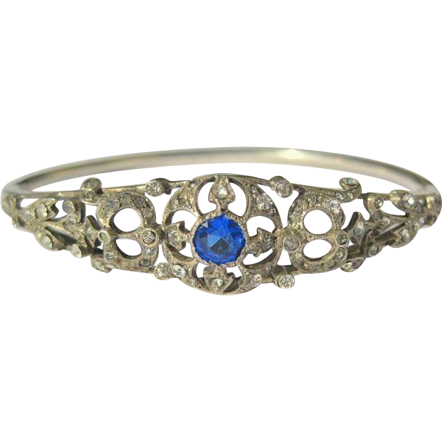 Vintage Art Deco Sterling Bangle Bracelet - Sapphire Paste - Brilliant Vintage Art Deco Sterling Bangle Bracelet - Sapphire Paste - Brilliant