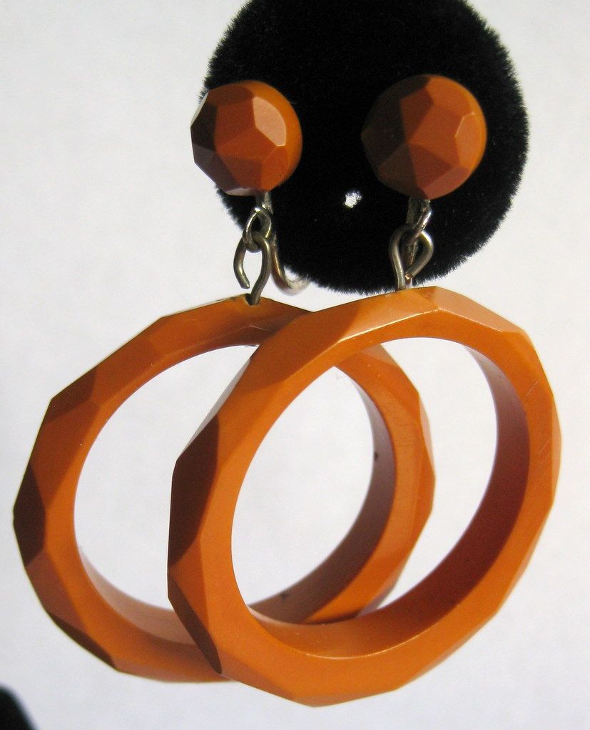 Vintage Deco Faceted Bakelite Hoop Earrings, Butterscotch Vintage Deco Faceted Bakelite Hoop Earrings, Butterscotch