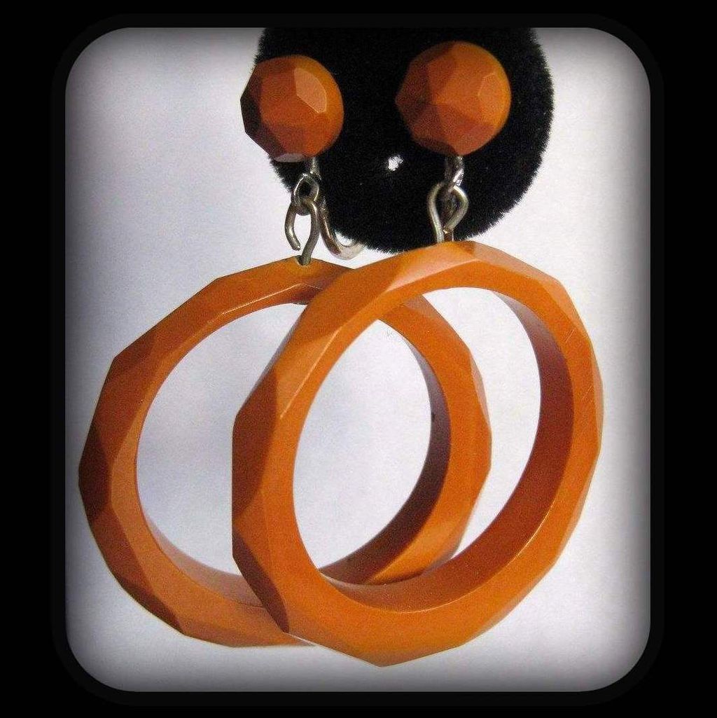 Vintage Deco Faceted Bakelite Hoop Earrings, Butterscotch Vintage Deco Faceted Bakelite Hoop Earrings, Butterscotch