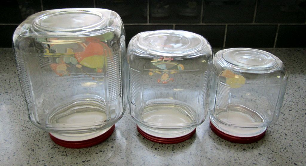 3 Anchor Hocking Glass Canister Set, 40's Deco Kitchen 3 Anchor Hocking Glass Canister Set, 40's Deco Kitchen