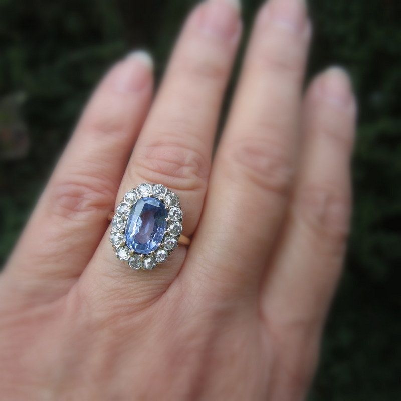 Antique Sapphire (4cts) & Diamond Ring, 14K Gold, Engagement, Antique Sapphire (4cts) & Diamond Ring, 14K Gold, Engagement,