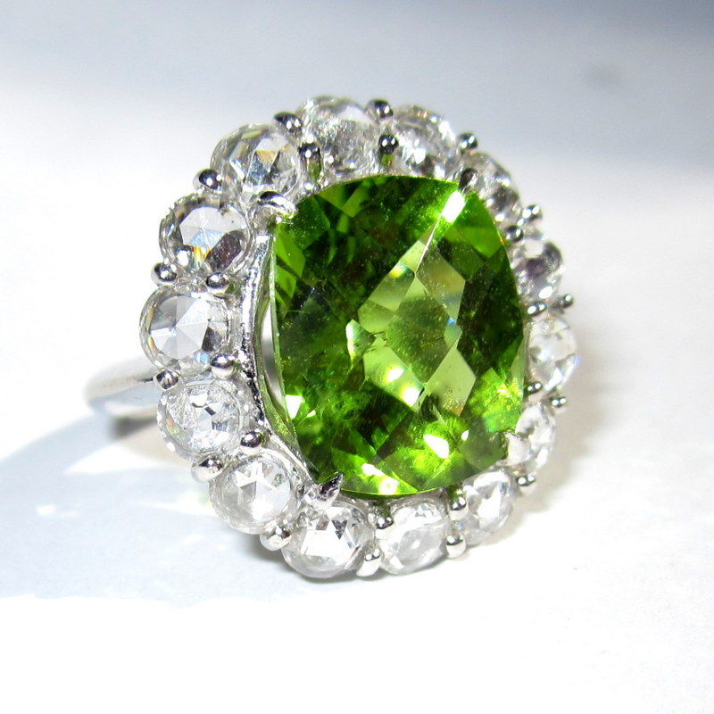 Rose Cut Diamond & Platinum Ring, 7.5ct Peridot, Vintage Engagement Ring Rose Cut Diamond & Platinum Ring, 7.5ct Peridot, Vintage Engagement Ring