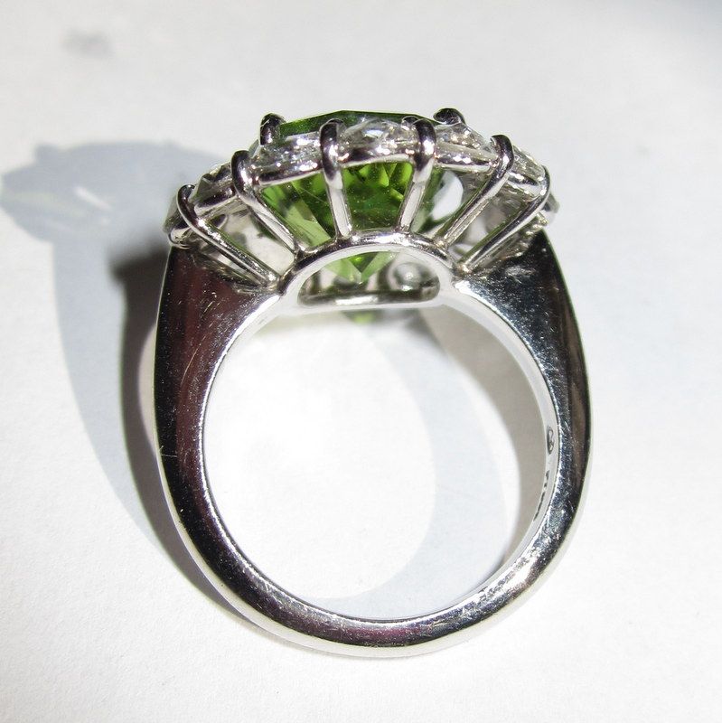 Rose Cut Diamond & Platinum Ring, 7.5ct Peridot, Vintage Engagement Ring Rose Cut Diamond & Platinum Ring, 7.5ct Peridot, Vintage Engagement Ring