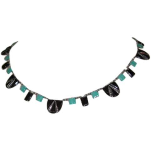 Art Deco Necklace, Sterling, Jadite, Marcasite, Black Carved Art Glass Art Deco Necklace, Sterling, Jadite, Marcasite, Black Carved Art Glass